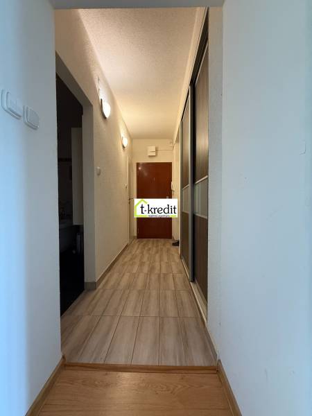 Ein schmaler Flur mit Holzboden und einem Einbauschrank in einer Zweizimmerwohnung.