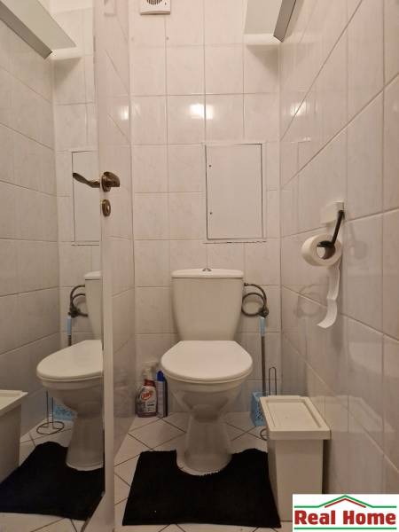 Toilette in einer 2-Zimmer-Wohnung mit weißen Fliesen, einem schwarzen Teppich und Reinigungsmitteln.