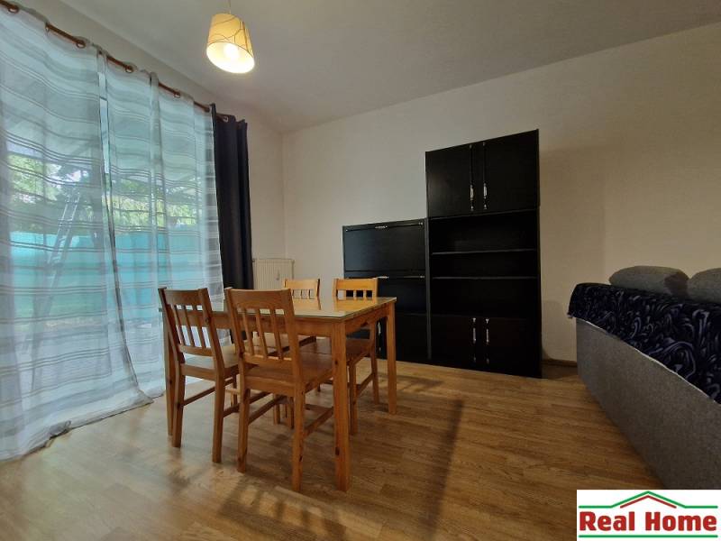 Esstisch mit Stühlen, Schränken und Sofa in einer Einzimmerwohnung.