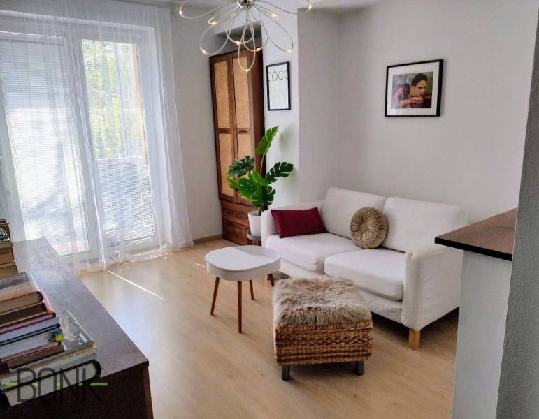 Wohnzimmer in einer 2-Zimmer-Wohnung mit weißem Sofa und Pflanze.