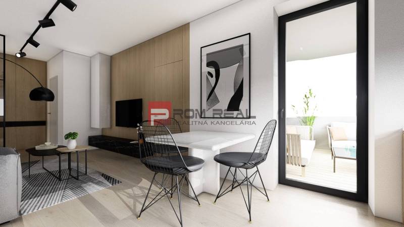 Innenraum einer 2-Zimmer-Wohnung mit Esstisch, Stühlen und Blick auf die Terrasse.