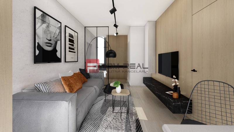 Wohnzimmer in einer Zweizimmerwohnung mit Möbeln, Dekorationen und einem Fernseher an der Holzwand.