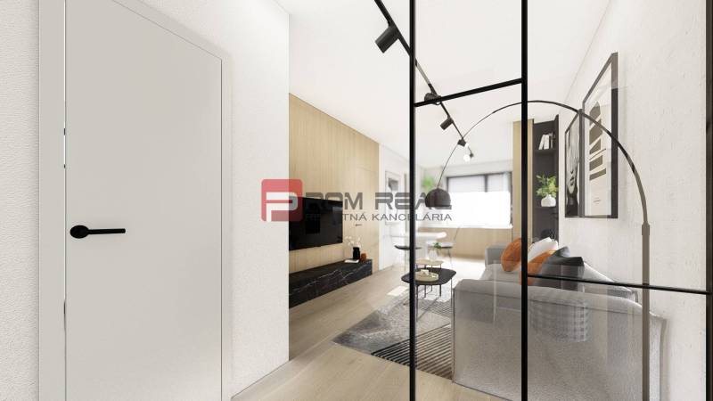 Stilvolles Interieur einer 2-Zimmer-Wohnung mit offenem Raum, Dekor und Möbeln.