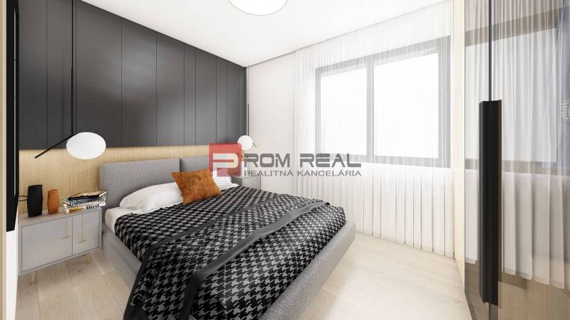 Schlafzimmer in einer 2-Zimmer-Wohnung mit schwarzer Wand, Bett und Nachttisch mit Dekorationen.