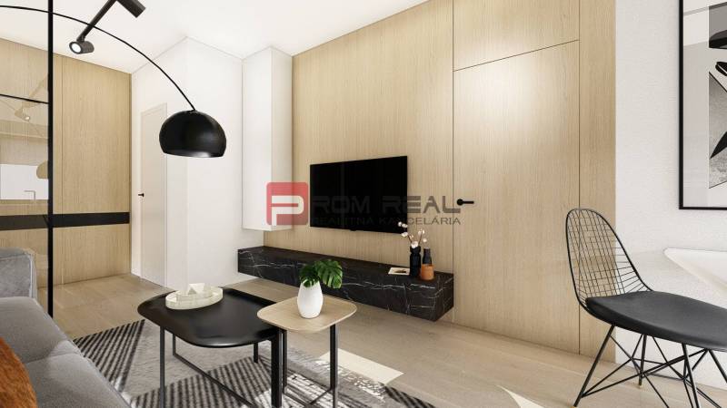 Helles Wohnzimmer in einer 2-Zimmer-Wohnung mit Holzwänden und schwarzen Accessoires.
