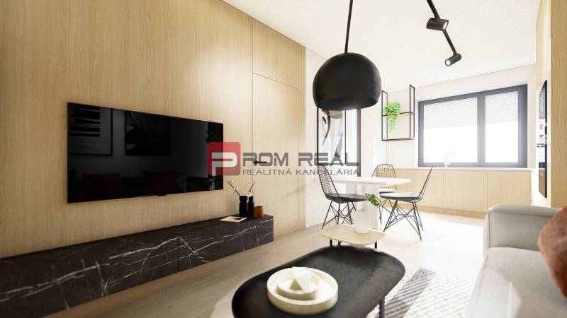 Wohnzimmer einer Zweizimmerwohnung mit Fernseher, Esstisch und Holzelementen.