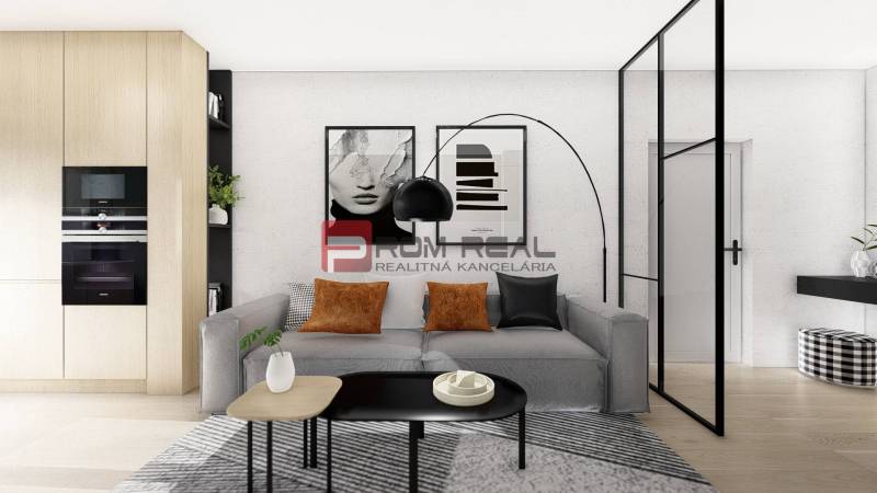 Wohnzimmer in einer Zweizimmerwohnung mit großem Sofa und modernen Dekorationen.