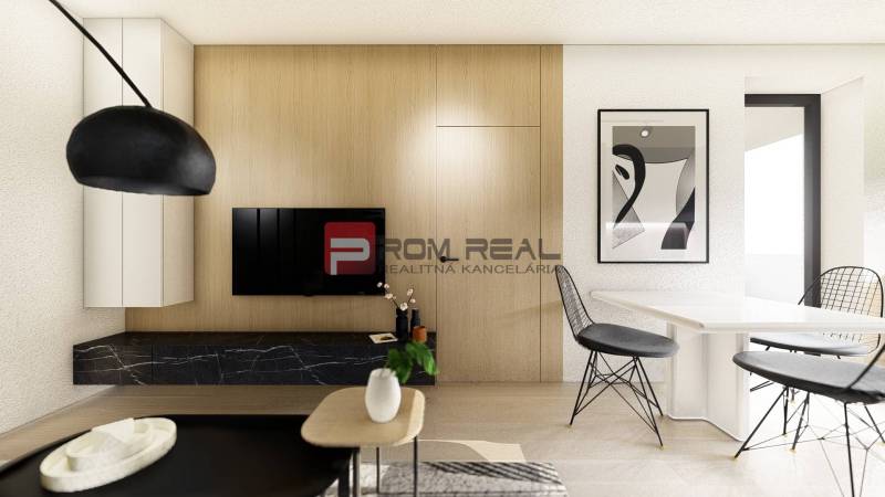 Wohnzimmer in einer 2-Zimmer-Wohnung mit Holzwand, Fernseher, Esstisch und Dekorationen.