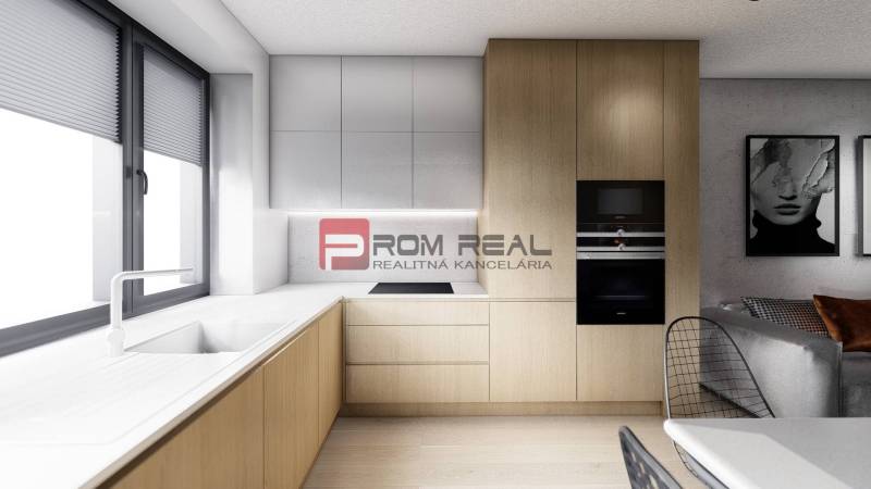 Küche in einer 2-Zimmer-Wohnung mit eingebauten Geräten, minimalistischem Design und großem Fenster.