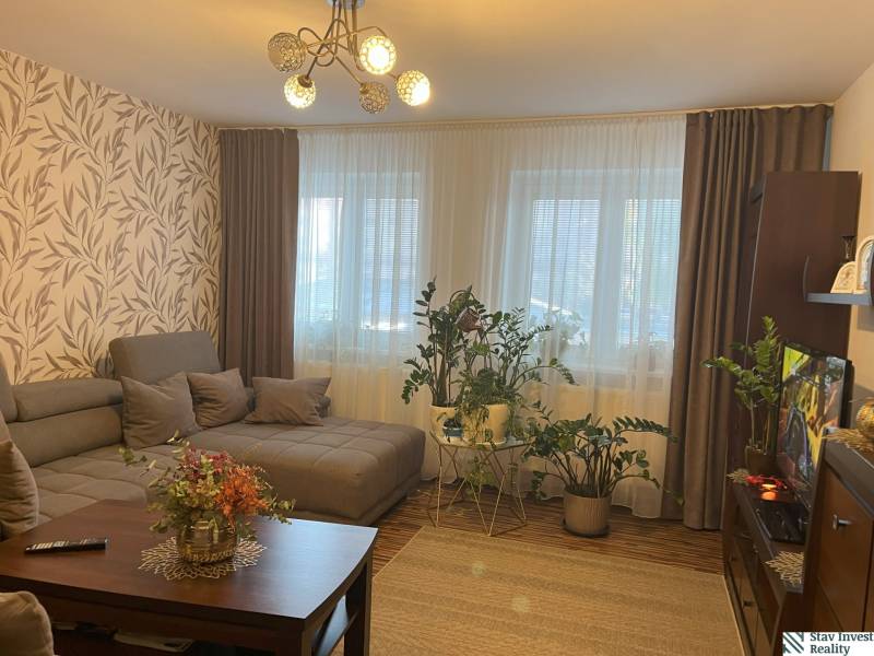 Wohnzimmer einer Zweizimmerwohnung mit bequemer Couch, Blumen und Fernseher.