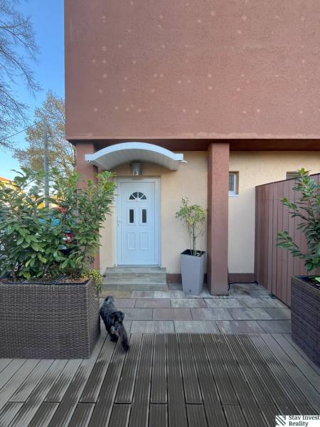 Eingang zum Haus mit weißen Türen, Pflanzen in Töpfen und einem Hund auf der Terrasse.
