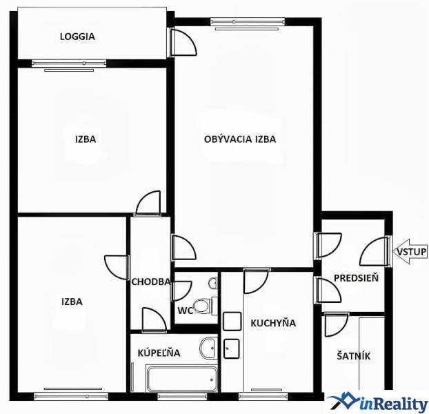 Grundriss einer 3-Zimmer-Wohnung mit Loggia, Küche, Flur und Ankleideraum.