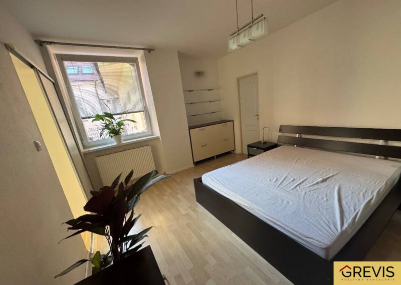 Schlafzimmer mit Doppelbett, Zimmerpflanzen und Steckdose in einer 2-Zimmer-Wohnung.