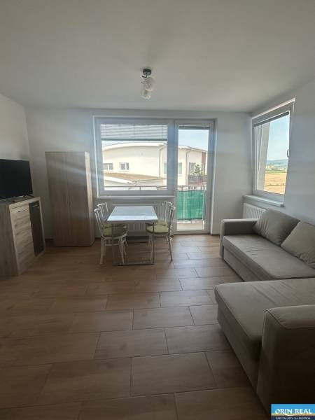 Wohnzimmer in einer 3-Zimmer-Wohnung mit Sofa, Tisch und Fernseher.
