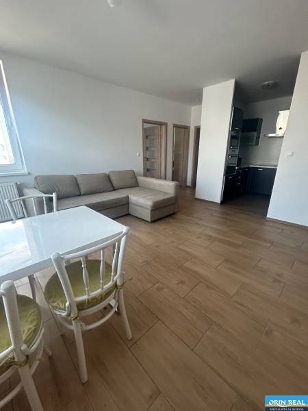 Wohnzimmer in einer 3-Zimmer-Wohnung mit Sofa, Tisch und offener Küche.