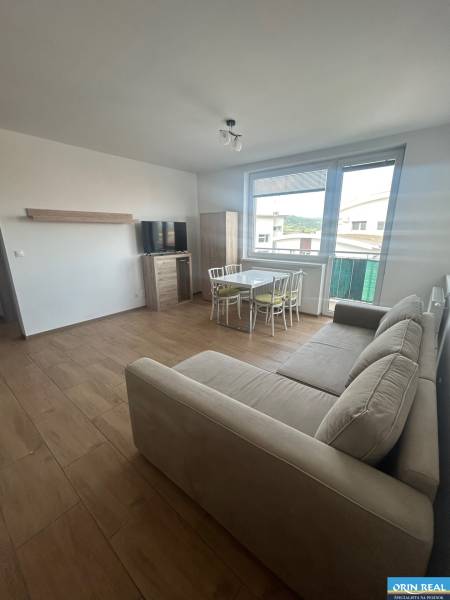 Wohnzimmer in einer 3-Zimmer-Wohnung mit Sofa, Fernseher und Esstisch.