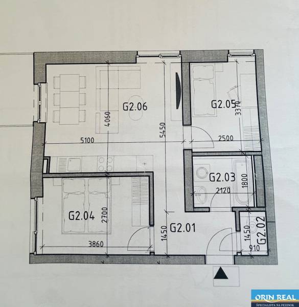 Grundriss einer 3-Zimmer-Wohnung mit Küche, Wohnzimmer und zwei Schlafzimmern.