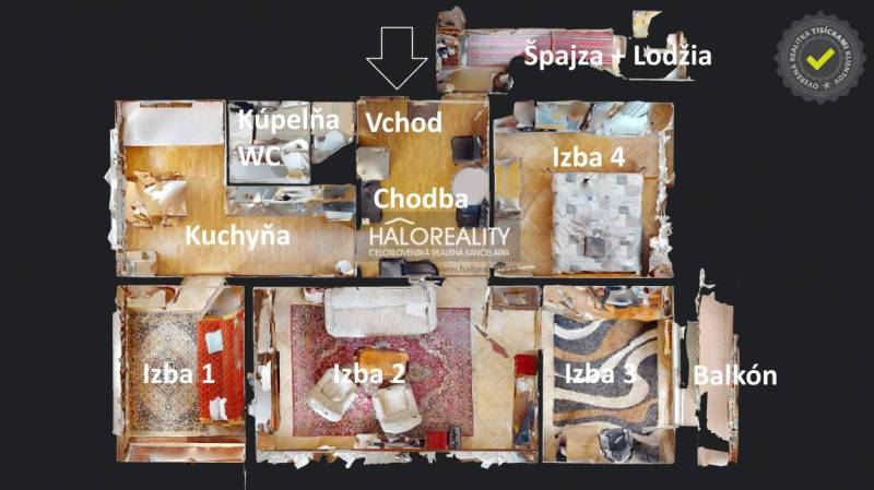 Grundriss einer 4-Zimmer-Wohnung mit Küche, Badezimmer und Balkon.