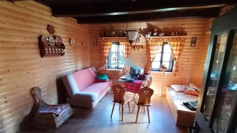 Innenraum eines Einfamilienhauses mit Holzverkleidung, Sofa und traditionellem Möbel.