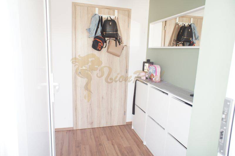 Flur in einem Einfamilienhaus mit Holztüren und weißen Möbeln.
