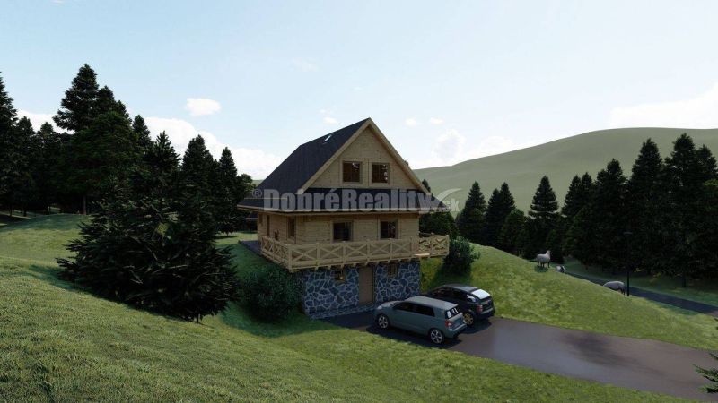 Ein Holzhaus mit schrägem Dach in der Berglandschaft von Kremnické Bane, geeignet zum Wohnen.