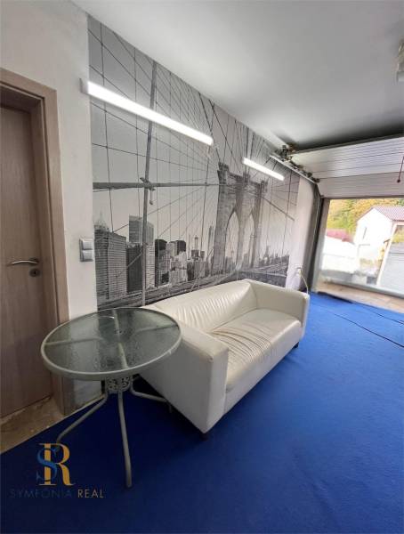 Ein Zimmer in einem Einfamilienhaus mit einem weißen Sofa, einer Tapete mit einer Brücke und einem blauen Teppich.