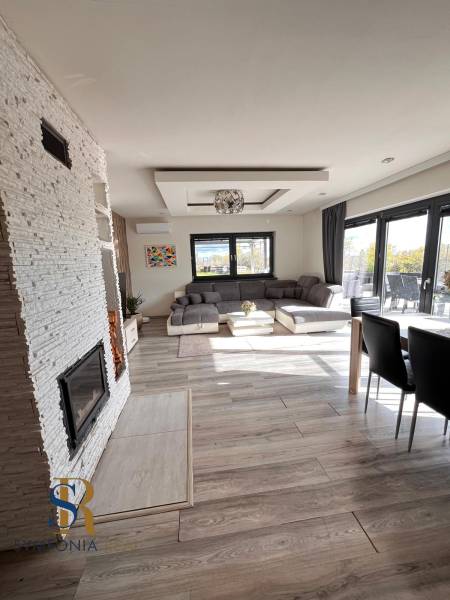 Innenraum eines Einfamilienhauses mit Sofa, Kamin und Holzboden.