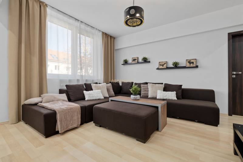 Wohnzimmer in einer 2-Zimmer-Wohnung mit dunklem Sofa, Steckdosen und Boden in Holzoptik.