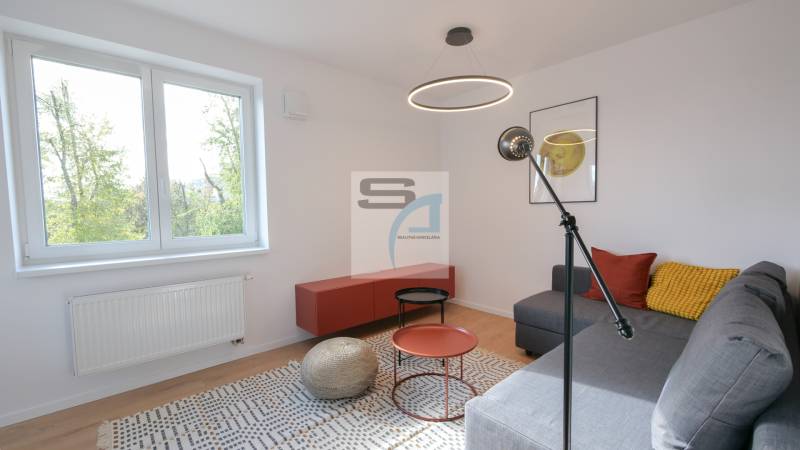 Wohnzimmer in einer Zweizimmerwohnung mit Holzboden und Sofa.