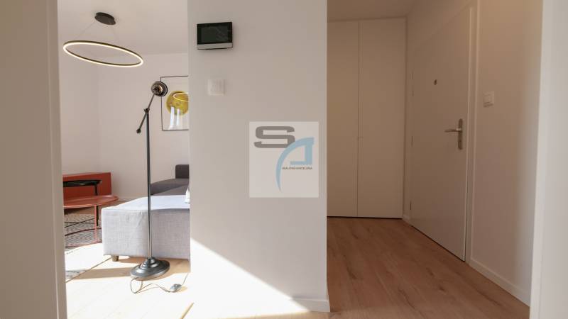 Innenraum einer 2-Zimmer-Wohnung mit Holzboden, rundem Kronleuchter und grauem Sofa.