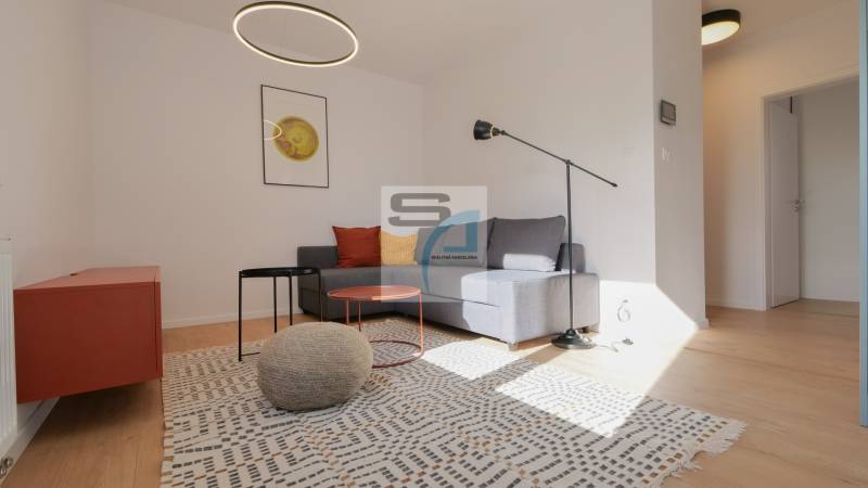 Wohnzimmer in einer 2-Zimmer-Wohnung mit Holzboden, grauem Sofa und moderner Beleuchtung.