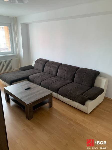 Ein Sofa mit einem Couchtisch und einem Boden in Holzoptik in einer 2-Zimmer-Wohnung.