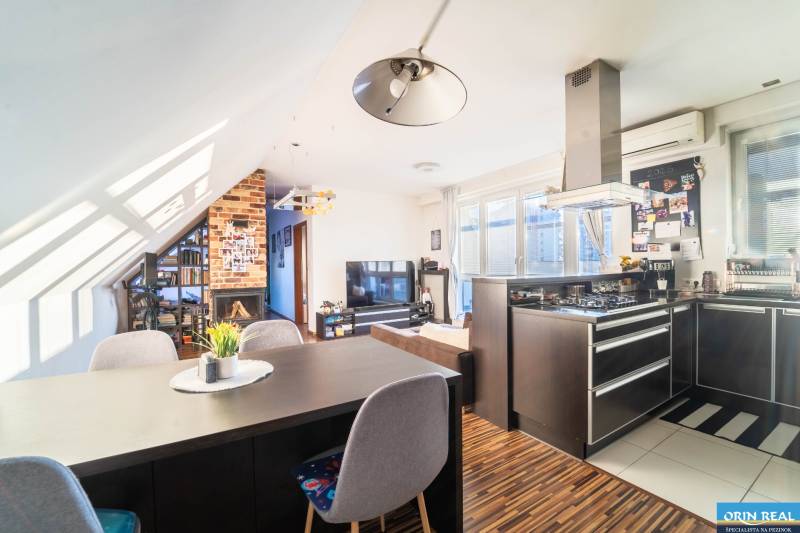 Küche mit Fernseher, Kamin und Holzboden in einer 2-Zimmer-Wohnung.