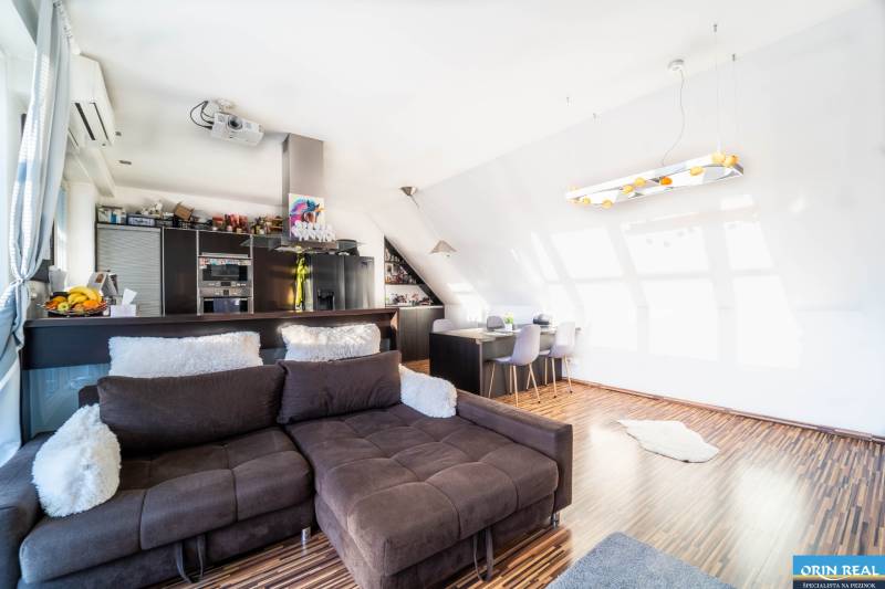 Wohnzimmer mit Küchenzeile, Sofa und Holzboden, 2-Zimmer-Wohnung.