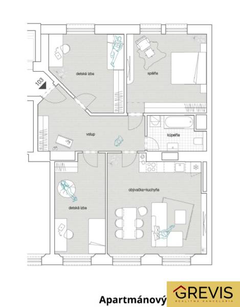 Grundriss einer 4-Zimmer-Wohnung mit offenem Wohnzimmer, Küche und Badezimmer.