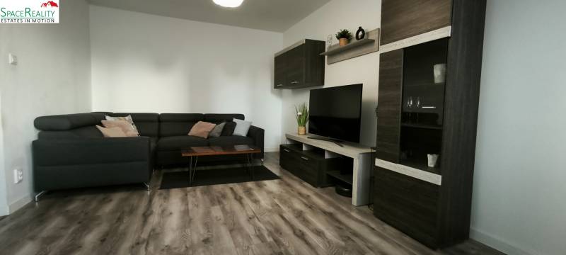 Wohnzimmer mit dunklem Sofa, Fernseher und Holzboden in einer 3-Zimmer-Wohnung.