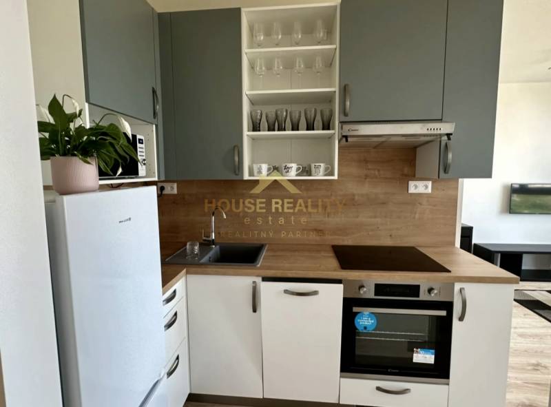 Küche in einer 2-Zimmer-Wohnung mit weißem Kühlschrank und Holzelementen.