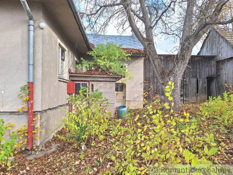 Im Hof eines Einfamilienhauses in Liptovské Beharovce sind Bäume und Holzbauten zu sehen.