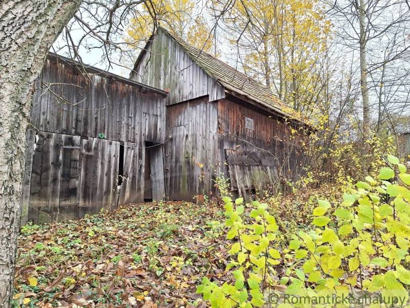 Ein älteres Holzhaus, umgeben von herbstlicher Natur in Liptovské Beharovce.