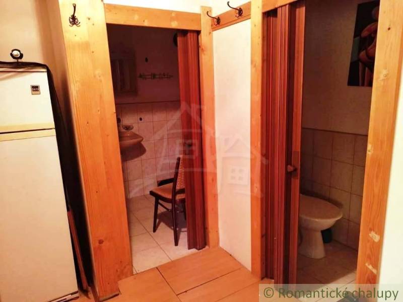 Innenraum der Hütte mit Holzboden, Badezimmer und Toilette.