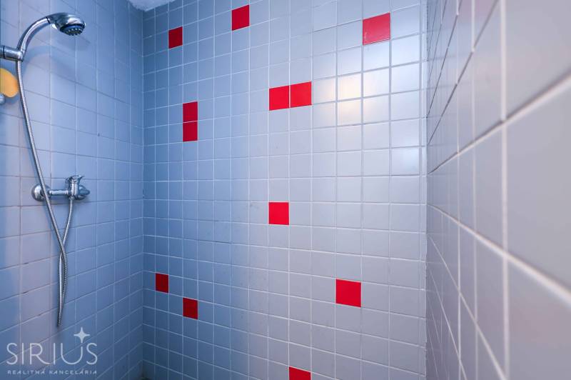 Duschkabine mit blauen und roten Fliesen, Gärten.