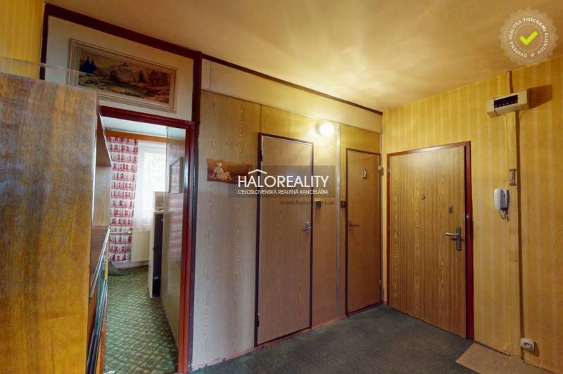 Eingangsflur in einer 3-Zimmer-Wohnung mit Holzelementen und gemustertem Teppich.