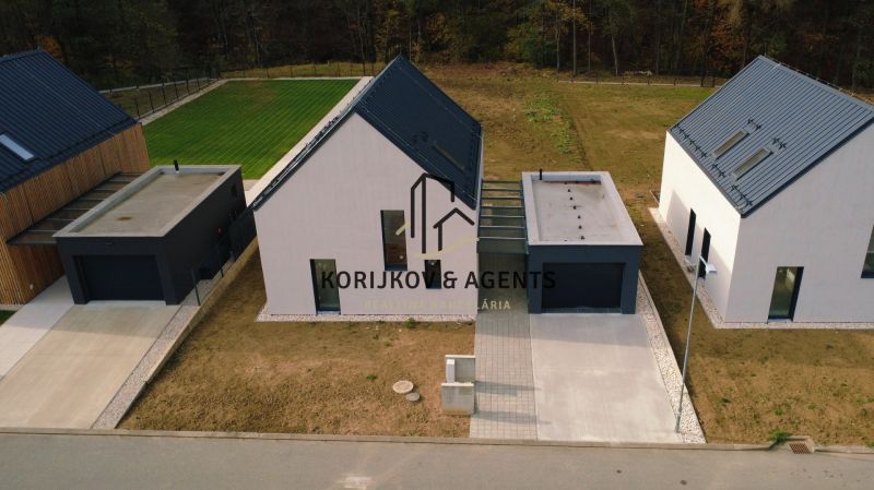 Einfamilienhäuser in der Straße Pod Drieňovou in Kamenica nad Cirochou, umgeben von Rasen und Zufahrtsstraße.