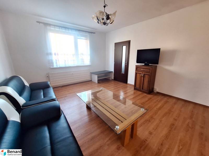 Wohnzimmer mit Sofa, Tisch und Fernseher, Boden mit Holzdekor in einer 3-Zimmer-Wohnung.