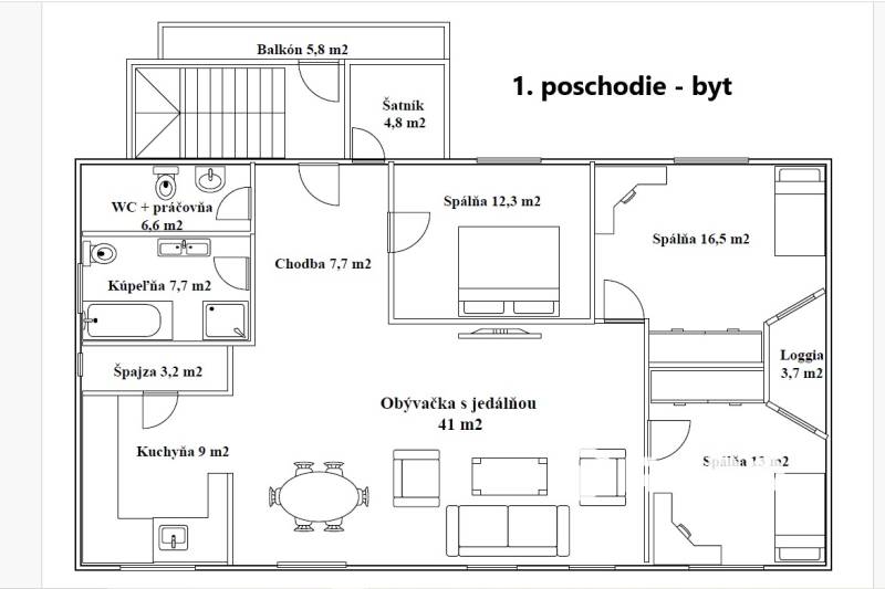 Grundriss einer Wohnung mit Wohnzimmer, Esszimmer, drei Schlafzimmern, Badezimmer, WC und Loggia.