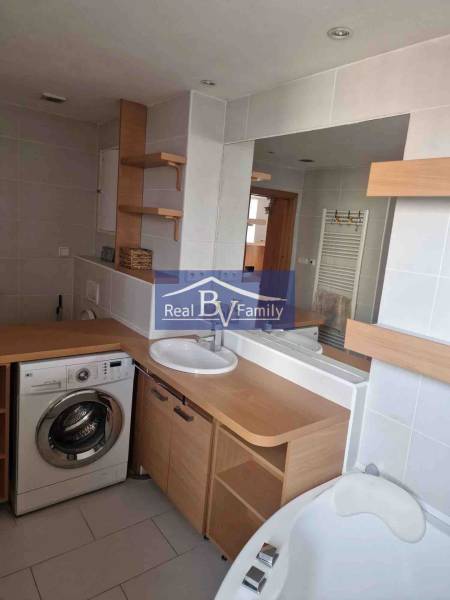 Badezimmer in einer 2-Zimmer-Wohnung mit Waschmaschine, Waschbecken und Badewanne, ausgestattet mit Holzdekor.