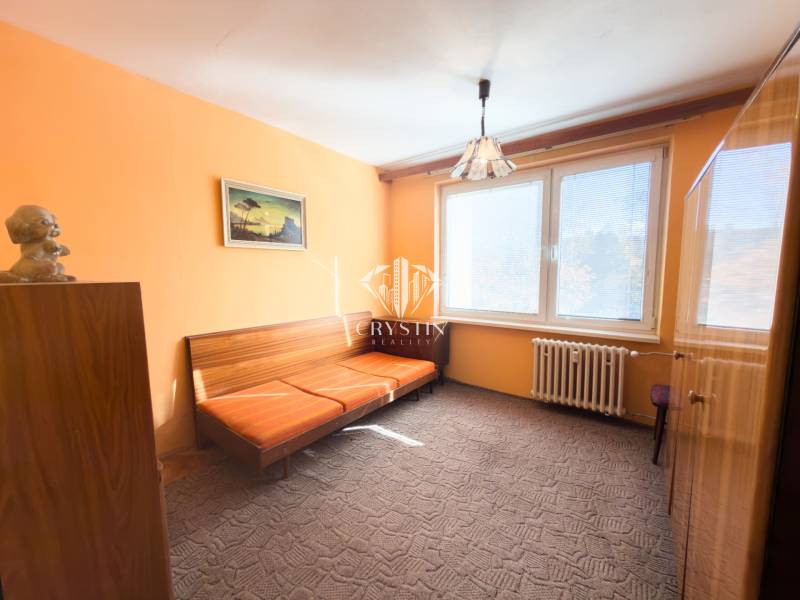 Ein Zimmer in einer 3-Zimmer-Wohnung mit orangefarbenen Wänden, einem Sofa und einem großen Fenster.