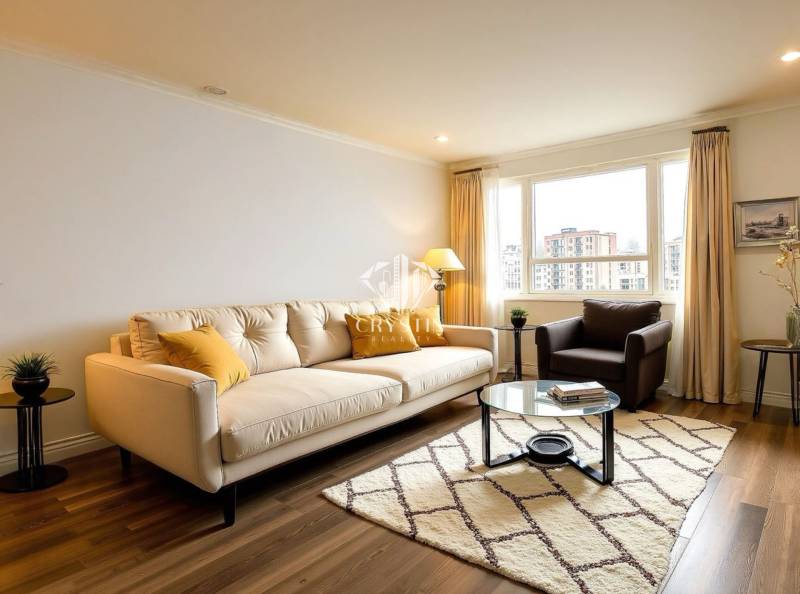 Helles Wohnzimmer mit Sofa in einer 3-Zimmer-Wohnung, Holzboden, großes Fenster.