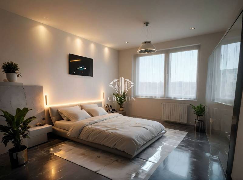 Schlafzimmer mit Holzboden, großes Bett, Pflanzen und eingebauter Beleuchtung.