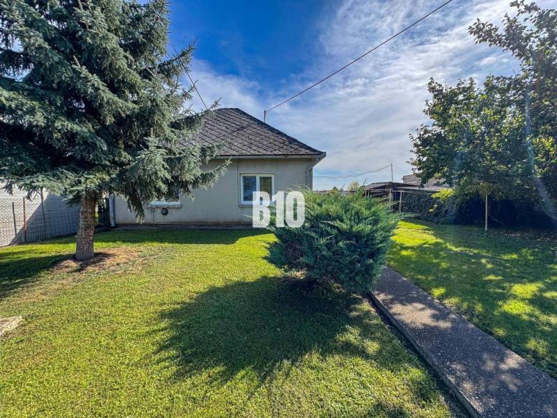 Ein Einfamilienhaus in Ondrejovce mit einem Rasen im Garten, zwei Bäumen und einem Strauch am Gehweg.